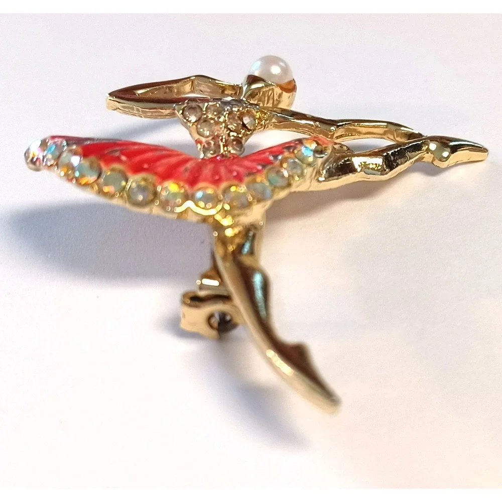 Ballerina Dancer Brooch Pin Gold Tone Red Enamel Rhinestone Faux Pearl Accent